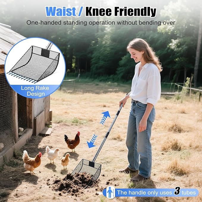 CAROD Chicken Poop Scooper & Rake 2-in-1, Metal Chicken Scoop with 24 to 68" Adjustable Stainless Steel Handle, Litter Scooper Sand Sifting Shovel Chicken Coops/Animals House