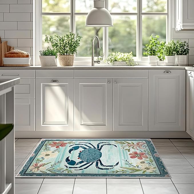 2x3 Crab Area Rugs Boho Teal Rug for Bathroom Kitchen Entryway Indoor Soft Non-Slip Thin Hippie Carpet Small Floral Doormat for Office Dining Room Home Decor Under Table Washable Machine