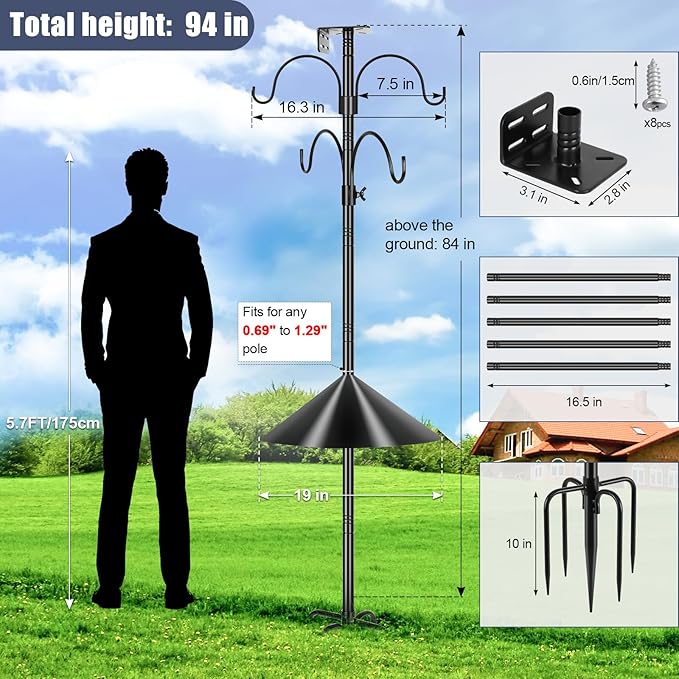 Gtongoko Smart Bird Feeder Pole Squirrel Proof 94 Inch with 4 Shepherds Hooks Hanging Bluebird House Pole for Outdoors Squirrel Baffles for Feeders Metal Heavy Duty Mounting Kit