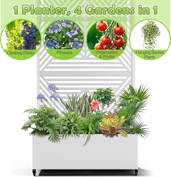 15.7"×70.9"×35.4" Metal Raised Garden Bed with Trellis and Wheels - Tall Trellis Planter Box for Climbing Plants, Vegetables & Vines - Outdoor Privacy Planters for Patio (White-Zodiac)