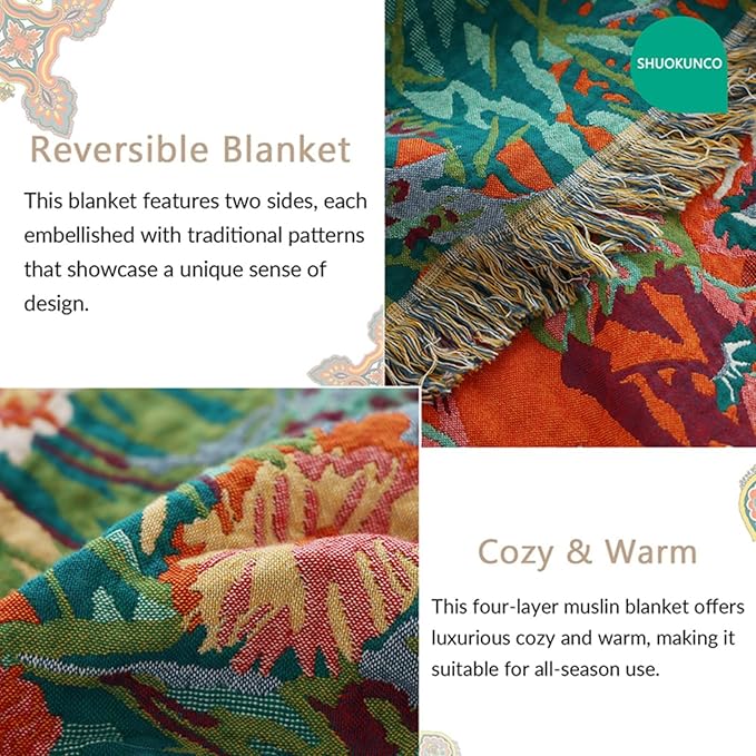 Boho Throw Blanket for Bed 100% Cotton Ultra Soft Rustic Quilt Fall Blanket Bird Floral Printed Farmhouse Decor Bed Blankets,60"×80" All Season Rustic Throw for Sofa Couch Chair