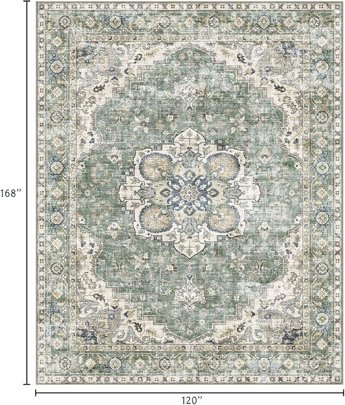 Area Rugs 10x14 Living Room - Large Washable Sage Green Boho Rugs for Bedroom Soft Vintage Rug Ultra-Thin Farmhouse Oriental Carpet Medallion Rug for Dining Room Guest Room Home Decor