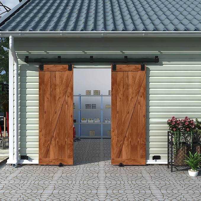 8FT Black Box Rail Exterior Barn Door Hardware Track Kit for 2 Doors, Heavy Duty Barn Door Track Set, Wall Mount Outdoor Weatherproof Double Door Hardware with 5 Track Brackets(No Doors