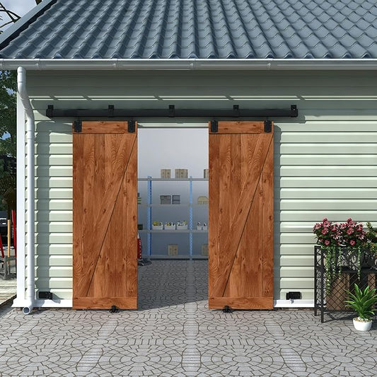 8FT Black Box Rail Exterior Barn Door Hardware Track Kit for 2 Doors, Heavy Duty Barn Door Track Set, Wall Mount Outdoor Weatherproof Double Door Hardware with 5 Track Brackets(No Doors