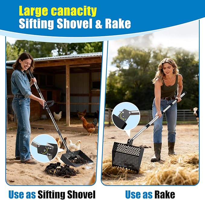 2-in-1 Chicken Poop Scooper & Rake 12-Inch Large Metal Shovel Head Adjustable Stainless Steel Handle (24 to 64") Litter Sifting Shovel Cleaning Tools for Chicken Run, Animal Farm (Black)