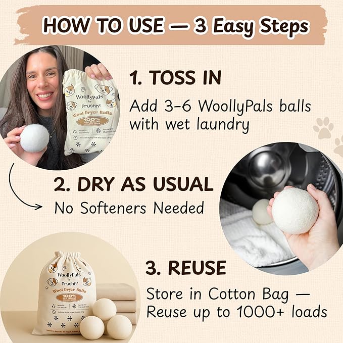 WoollyPals Wool Dryer Balls (6-Pack, XL Size)- 100% New Zealand Organic Wool - Sustainable & Eco-Friendly - Dry 1,000 Loads, Replaces Dryer Sheets, Reduces Static Cling, Reusable (Multi Colour)