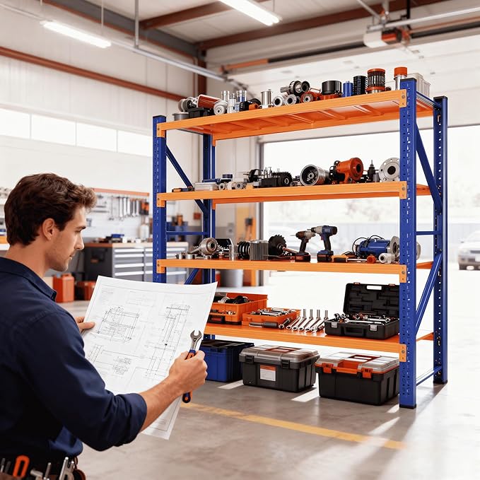 4-Tier Storage Shelves,79" H Heavy-Duty Garage Shelving Unit,Adjustable Metal Industrial Shelf System,4,000lbs Capacity,Tool Organizer for Garage,Workshop,60" W x 24" D x 79" H,Blue&Orange
