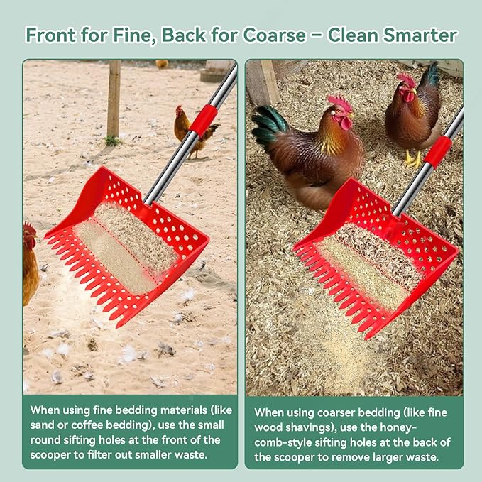 US Patent Pending 12-Inch 2-in-1 Chicken Poop Scooper & Rake,3-Shape Sifting Holes Chicken Coop Rake，Stainless Steel Handle （20–61"）– Litter Scooper & Sand Sifting Shovel for Chicken Coops （Red）