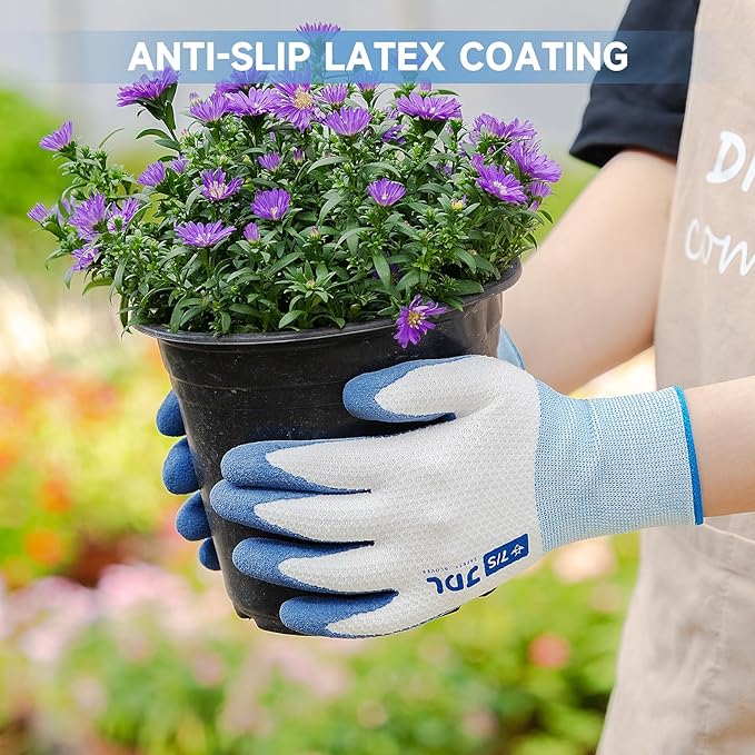 JDL Gardening Gloves for Women, 2 Pairs Breathable Latex Coated Yard Garden Gloves, Rubber Outdoor Protective Work Gloves with Grip, Blue, Large Size