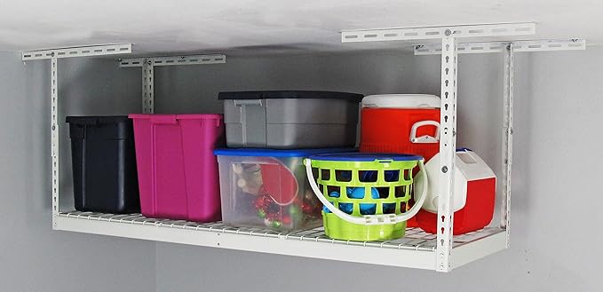 SafeRacks 2x6 Adjustable Overhead Garage Storage Rack, Heavy-Duty Steel Overhead Storage Rack with 300 lb Weight Capacity, Height Adjustable Garage Storage Organization System, White (12"-21")