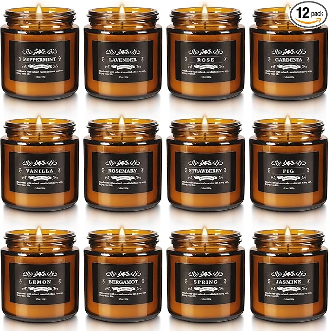 12 Pack Black Apothecary Jar Scented Candles - Natural Soy Wax with Premium Essential Oils, 3.5oz/100g Each, Relaxing Gift Set for Home Decor,Party,Christmas and Other Festivals