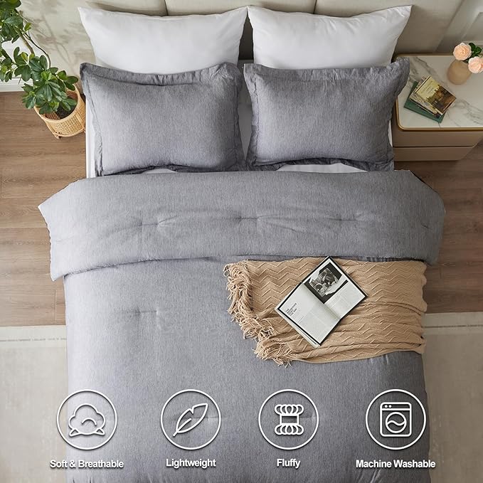 CozyLux California King Comforter Set - 3 Pieces Grey Soft Luxury Cationic Dyeing Cal King Comforter Bedding for All Season, Gray Breathable Lightweight Bed Sets with 1 Comforter and 2 Pillow Shams