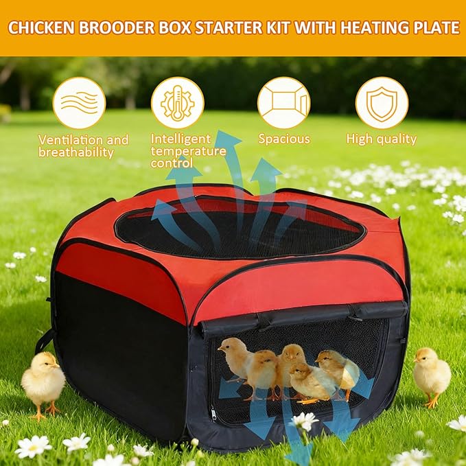 Chicken Brooder Box Starter Kit with Heating Plate, Feeder, Waterer & Perch for Chicks, Ducklings, Quail - Collapsible Playpen, Dual Door, Indoor/Outdoor Use (15 Chicks)