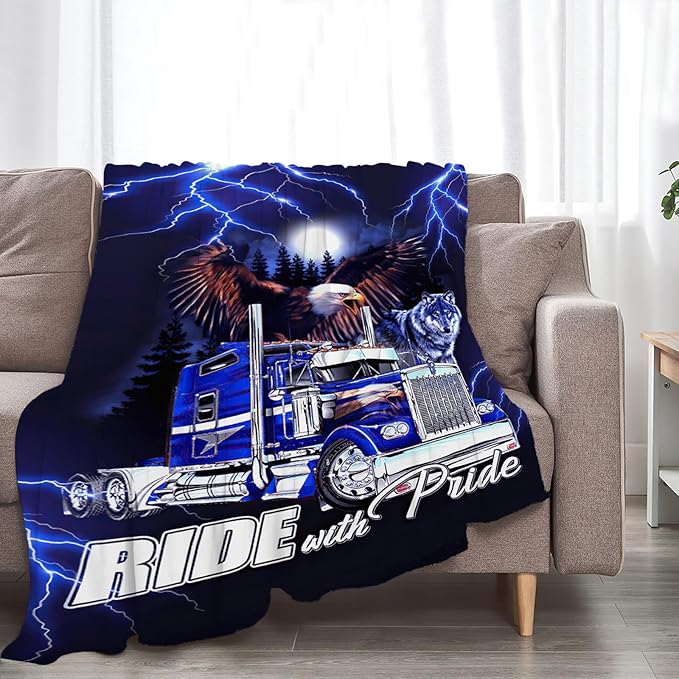 Semi Truck Blanket Decor Gifts for Trucker, Truck Flannel Fleece Fuzzy Lorry Throw Blankets, Soft Warm Cozy Plush Eagle Wolf Stuff Blanket for Kids Adult 50"x40"