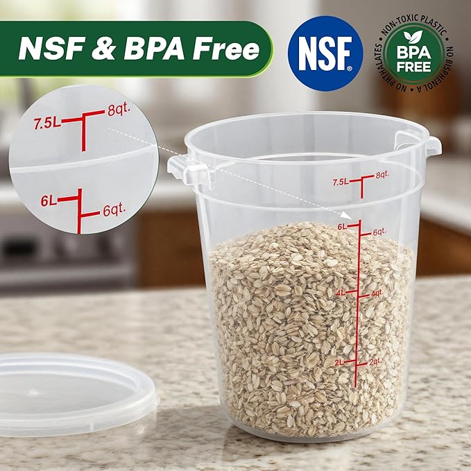 Round Food Storage Container with Lid, 8Qt Translucent, Commercial 4 Pack of – NSF Listed, BPA-Free, Polypropylene, Non-Stick, Scale, with Labels & Measuring Cups