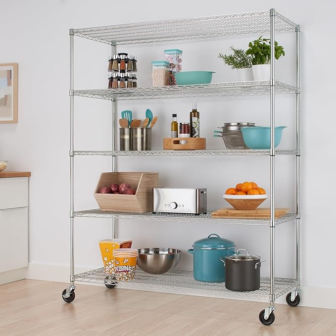 Trinity Basics TBFC-0931 5-Tier Adjustable Wire Shelving with Wheels for Kitchen Organization, Garage Storage, Laundry Room, NSF Certified, 600 to 2250 Pound Capacity, 60” by 24” by 77”, Chrome