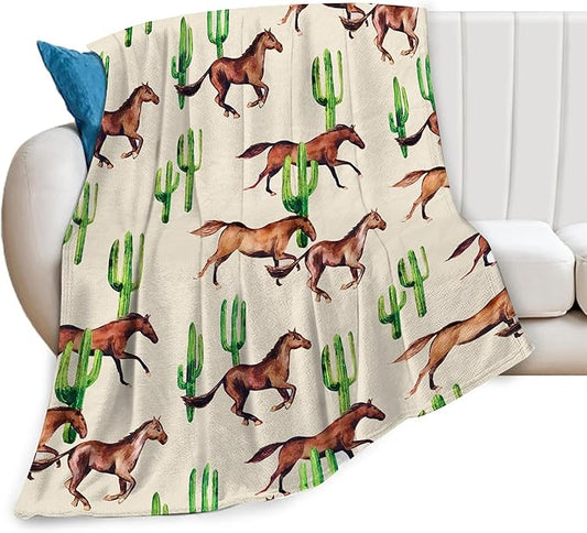 Horse Blanket Horses Throw Blanket Soft Fleece Flannel Bedding Horses Cactus Gifts for Men Boys Women Girls Lovers Adults Stuff Plush for Couch Sofa Bed Room Decor 50"X60"