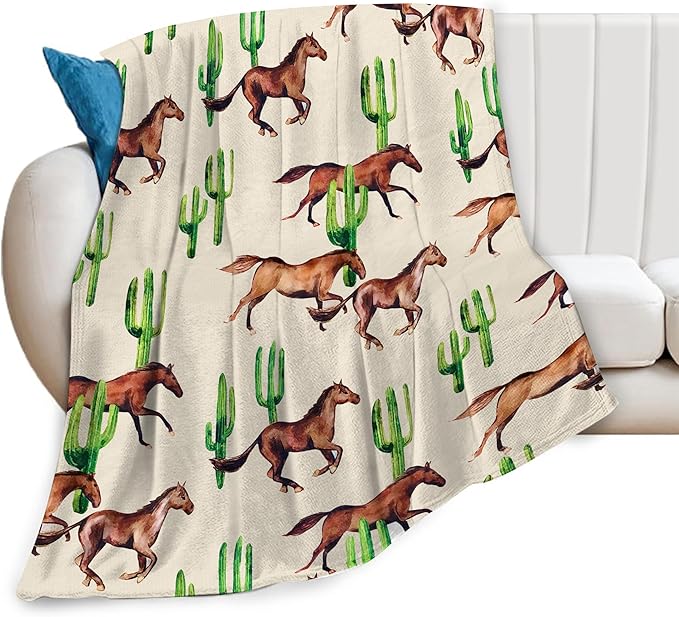 Horse Blanket Horses Throw Blanket Soft Fleece Flannel Bedding Horses Cactus Gifts for Men Boys Women Girls Lovers Adults Stuff Plush for Couch Sofa Bed Room Decor 60"X80"