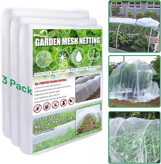 SnugNiture 3 Pack Garden Netting 10x34FT Ultra Fine Mesh Mosquito Netting Plant Covers, White Bird Netting Barrier Greenhouse Row Cover Protect Fruits Flower Vegetables from Birds Deer & Squirrels