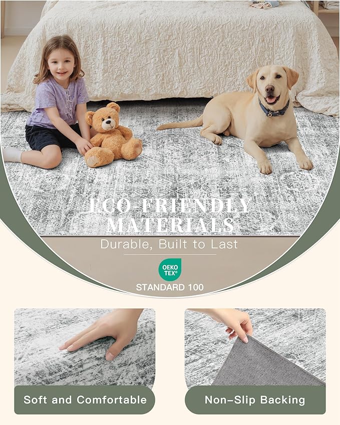 Madane 5x7 Area Rugs for Living Room, Washable Vintage Grey Rug with Non-Slip Backing, Soft Floral Print Throw Rugs Floor Low Pile Carpet for Bedroom Dining Room