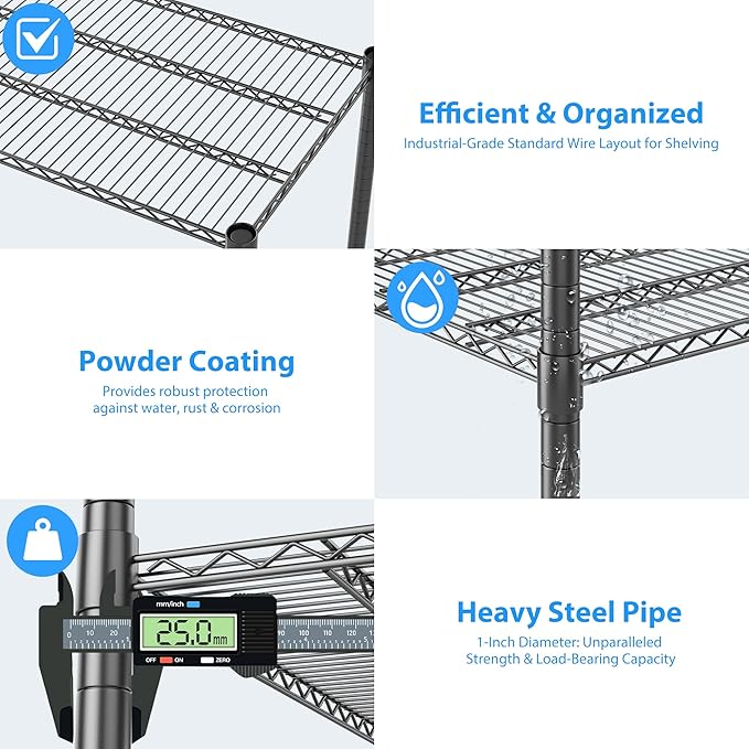 Homdox 60”W Storage Shelves, 4 Tier Heavy Duty Wire Shelving Unit with Wheels, 2400LBS Commercial Adjustable Metal Shelves for Storage, Garage Rack Pantry Shelves Kitchen Shelving, 24"x60"x72", Black