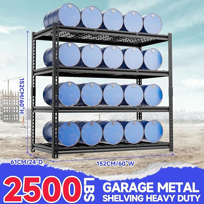 4-Tier 60" W X 24" D X 60" H Garage Shelves 2500LBS Heavy Duty Shelving Adjustable Basement Storage Garage Shelf Metal Storage Rack Units Industrial Shelving