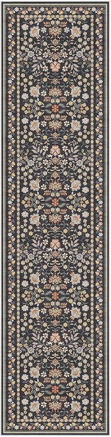 Runner Rug for Hallways Kitchen: 2x8 Washable Area Rug Boho Floral Soft Long Rug - Non-Slip Low Pile Throw Indoor Carpet for Entryway Kitchen Bedroom Laundry Bathroom - Black Grey