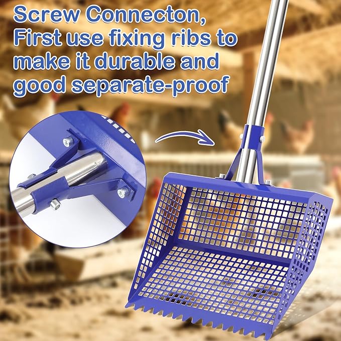 Chiken Coop Scoop 2-in-1 Chicken Poop Scooper & Rake Sand Sifting Litter Shovel for Chicken Coops Animal Farms Pet Waster Cleaning Tools Multifunctional Litter Sifting Shovel (35 to 65")