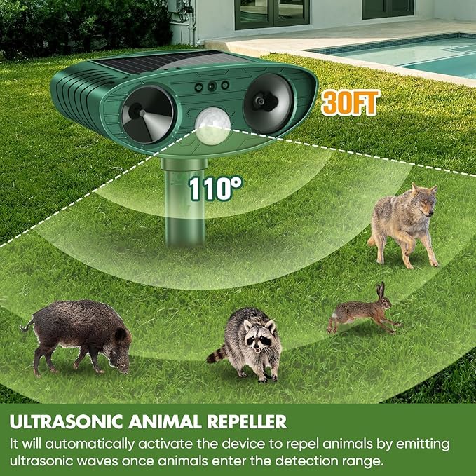 2 Pack Solar Animal Repellent Ultrasonic Deer Repellent Cat Repellent Outdoor to Repel Squirrel Rabbit Dog Raccoon Animal Deterrent with Motion Sensor Protect Yard Lawn Garden
