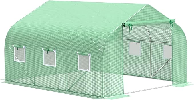 Outsunny 11.5' x 10' x 6.5' Outdoor Walk-in Greenhouse, Tunnel Green House with Roll-up Windows, Zippered Door, PE Cover, Heavy Duty Steel Frame, Green