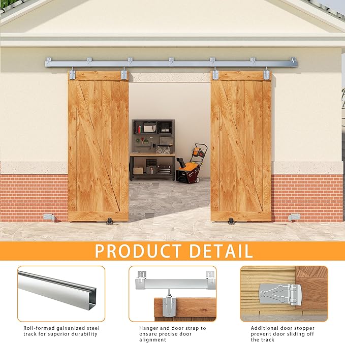 10FT Box Rail Exterior Barn Door Hardware Kit for 2 Doors, Sliding Heavy Duty Barn Door Track, Wall Mount Barn Door Hardware with 7 Track Brackets,Silver(Doors NOT Include)