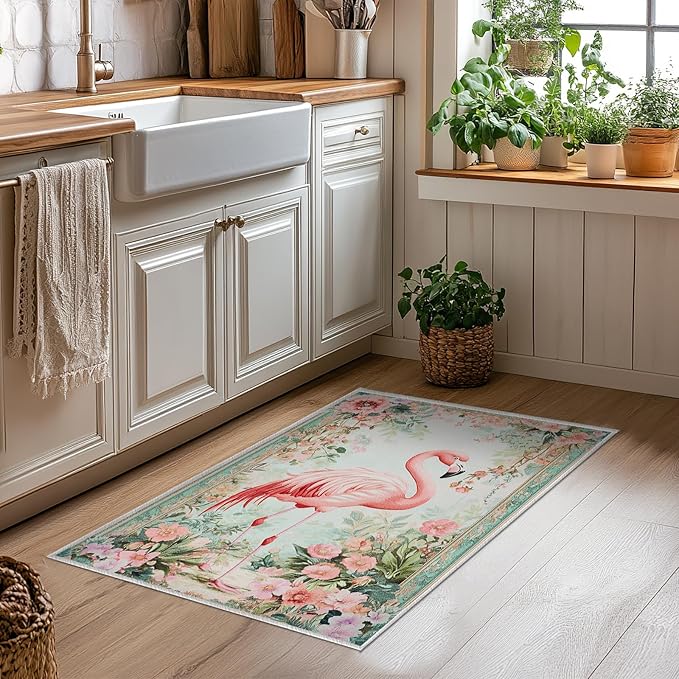 2x3 Flamingo Area Rugs Boho Floral Tropical Rug for Bathroom Kitchen Entryway Indoor Soft Non-Slip Thin Hippie Carpet Small Flower Doormat for Office Dining Room Under Table Washable Machine