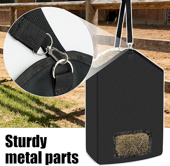 2-Pack Hanging Hay Feeder Bags, 19.7x17.7x6 Inch Slow Feed Hay Net for Horses, Goats, Cows, Alpacas, Durable Oxford Cloth with Metal Rings & Strap, Reduce Waste & Keep Feed Dry