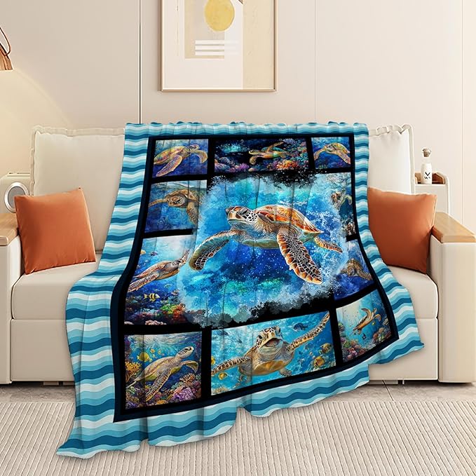 Sea Turtle Blanket, Ocean Turtle Throw Blanket, Sea Animal Gifts Blankets Stuff Fleece Flannel Plush for Girls Women Men Boys Lovers Adults Soft Bedding Gift for Sofa Bed Office Home Decor 80"x60"