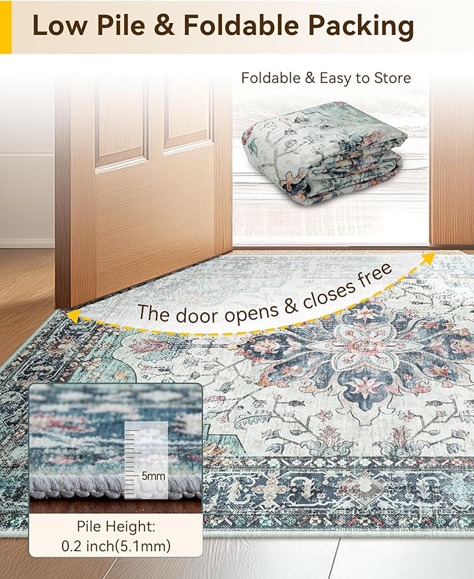 Area Rugs 2'6''x8' Washable Non-Slip, Floral Vintage Distress Print Pattern Medallion Carpet for Living Room Bedroom Dining Room, Green Navy Blue White Red Teal Colorful