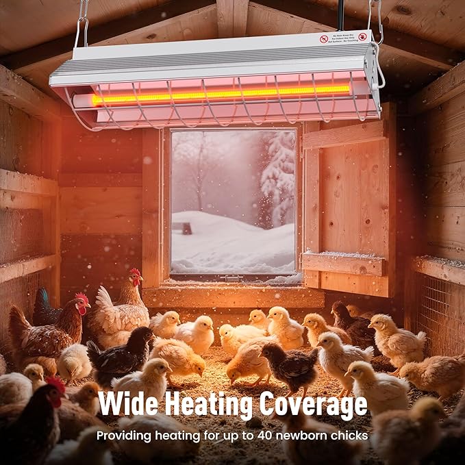 Chicken Coop Heater, Large Infrared Heat Lamp for Poultry, Livestock & Pets, Safe Chicken Brooder Heat Lamp, 2 Levels, 150-300W, Instant & Even Heating, Low Light, Adjustable Height, Silver
