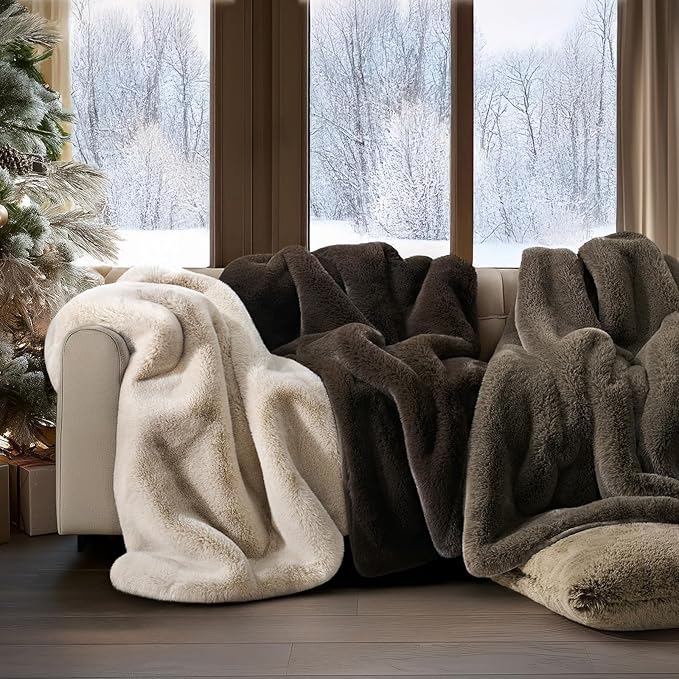 EVERGRACEHOME Luxury Soft Faux Chinchilla Fur Throw Blanket for Couch, Warm Thick Heavy Winter Throw Blanket 1220GSM for Bed, Fluffy Cozy Mink Blanket with Reversible Velvet, Smoky Sable, 50"x60"