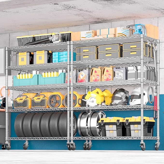 PrimeZone 5 Tier 48" Wx24''Dx81''H Wire Shelving with Wheels 3000lbs NSF Certified Storage Shelves Heavy Duty Metal Shelf Adjustable Rolling Rack Commercial Garage Restaurant Warehouse Chrome 4Pack