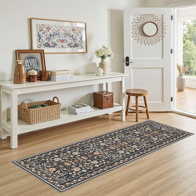 Runner Rug for Hallways Kitchen: 2x6 Washable Area Rug Boho Floral Soft Long Rug - Non-Slip Low Pile Throw Indoor Carpet for Entryway Kitchen Bedroom Laundry Bathroom - Black Grey