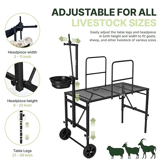 Goat Stand with Adjustable Headpiece & Legs, Goat Milking Stand with Feeder, Rails & Wheels, Stanchion for Grooming & Hoof Trimming, Sheep Stand for Shearing Heavy-Duty Steel Platform, Black