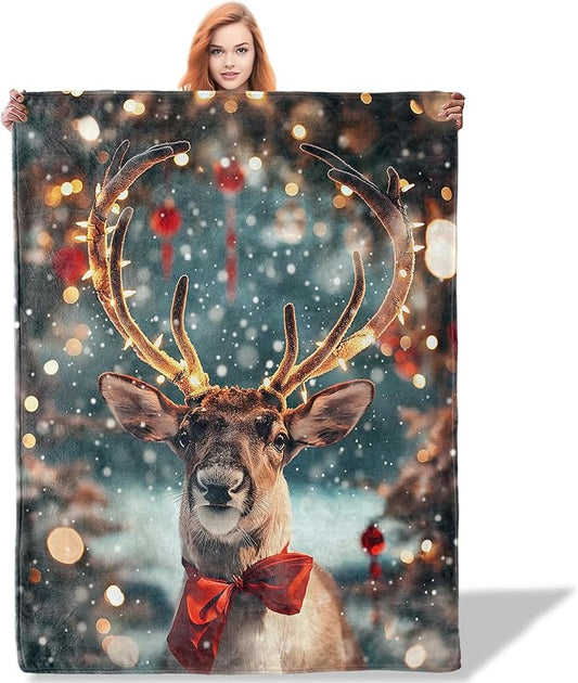 Reindeer with Bow Throw Blanket 50"x60", Christmas Reindeer Blankets for Living Room Bedroom Decor, Soft Flannel Polyester Warm Cozy Gifts for Kids Adults