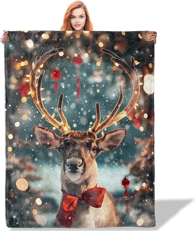 Reindeer with Bow Throw Blanket 60"x80", Christmas Reindeer Blankets for Living Room Bedroom Decor, Soft Flannel Polyester Warm Cozy Gifts for Kids Adults