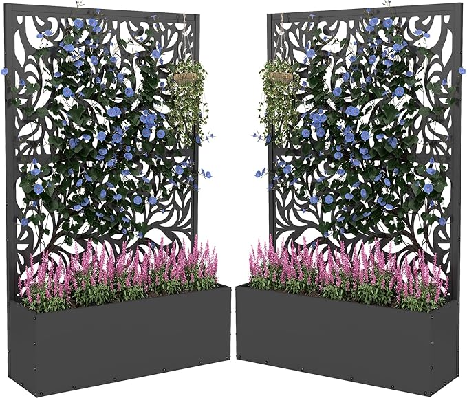 2PCS Metal Planter Box with Trellis,70.9"x47.2"x15.7" Raised Garden Bed with Drainage Holes, Privacy Planters for Outdoor Garden Bed for Climbing Plants,Vegetables,and Vines, Black-Flower