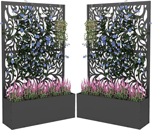 2PCS Metal Planter Box with Trellis,70.9"x47.2"x15.7" Raised Garden Bed with Drainage Holes, Privacy Planters for Outdoor Garden Bed for Climbing Plants,Vegetables,and Vines, Black-Flower