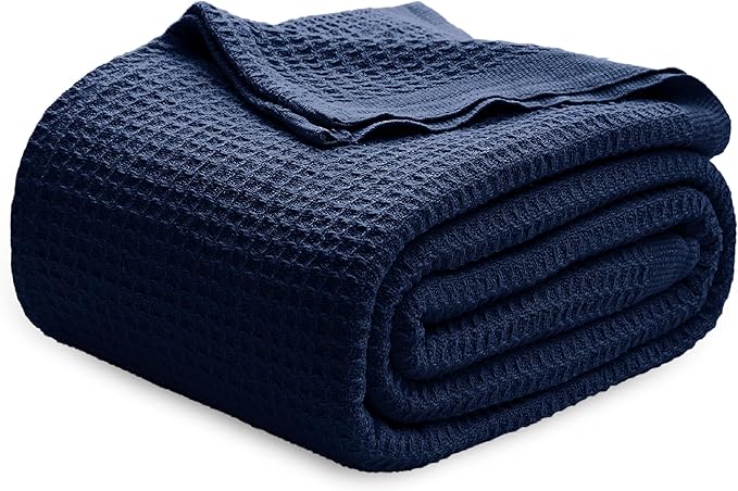 Bedsure Gentlesoft 100% Cotton Blanket Queen Size for Bed - Breathable and Soft, Thick Cozy Waffle Weave Christmas Blanket Gift for Women, Pageant Blue, 90x90 Inches