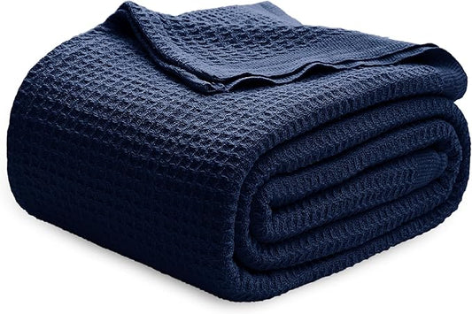 Bedsure Gentlesoft 100% Cotton Blanket King Size for Bed - Breathable and Soft, Thick Cozy Waffle Weave Christmas Blanket Gift for Women, Pageant Blue, 104x90 inches