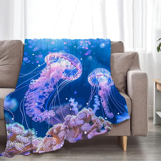 Jellyfish Blanket Ocean Jellyfish Throw Blanket Soft Warm Cozy Fuzzy Plush Gifts for Girls Women Lightweight Fleece Flannel Stuff Decor Gift for Kids Adults 80"X60"