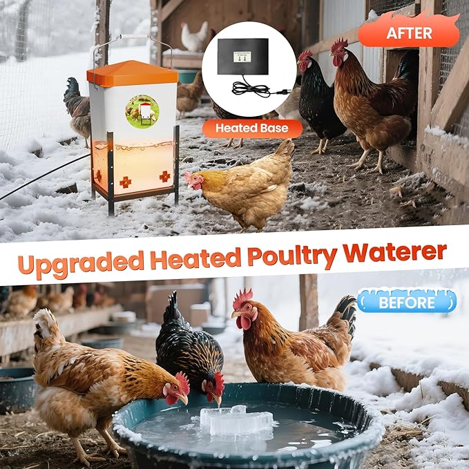 Nexum 3 Gallon Heated Chicken Waterer, Thermostatically Controlled Anti-Freeze Poultry Drinker with 4 Nipples & Adjustable Stand for Winter Coop Accessories (Orange)