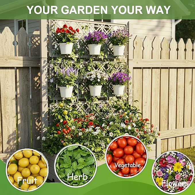 5.3' Tall Raised Garden Bed with Trellis, Outdoor Resin Plant Stand Planter Box with Drainage Plug for Veg/Fruits/Herb/Flower Best Choice for Backyard, Patio, Balcony (Ashen, 4 Pack)