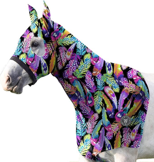 Harrison Howard Soft Horse Hood All-Covered Comfortable Sleezy for Horses with Zipper Feather Hues L